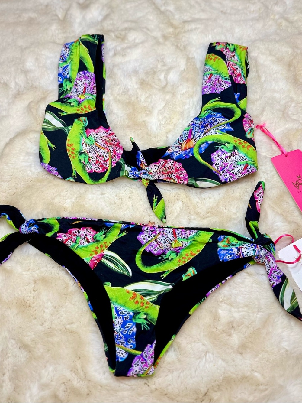 Tropical Floral Tie-Front Bikini Set - Green & Black